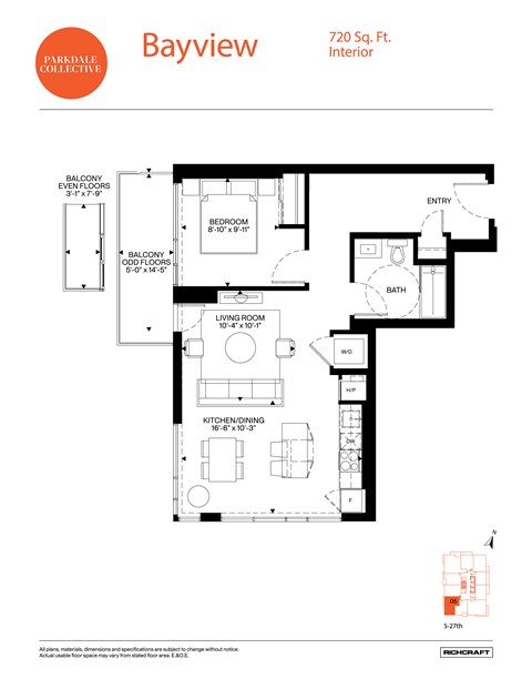 Floor plan for 1 bed, 1 bath, 720 sqft